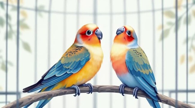 Two sun conures perched on branch, birdcage background, lovebirds, pet, nature, romantic