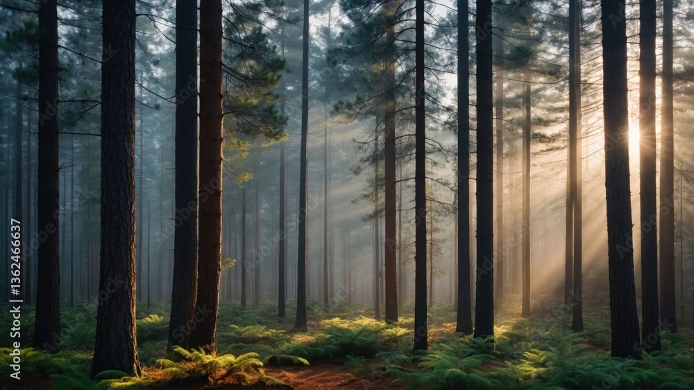 Aufkleber serene forest with sunlight filtering through tall trees and ferns on the ground.