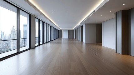Fototapeta premium modern, minimalist, empty room, large floor-to-ceiling windows, wooden flooring, clean lines, bright and airy, office space, commercial interior design, 8k, highly detailed, photorealistic 