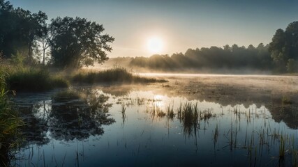 Fototapeta premium A serene sunrise over a misty lake, reflecting nature's beauty and tranquility.