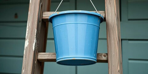 Weathered blue paint bucket hangs from rustic wooden ladder, close-up, background, closeup