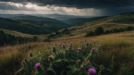 A scenic view of rolling hills under a dramatic sky, featuring wildflowers in the foreground.