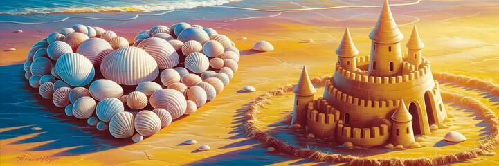 Summer Beach Fun Sandcastle and heart made of shells adorn the beautiful shoreline holiday vacation getaway image illustration