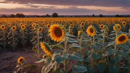 Fototapeta premium A vibrant field of sunflowers under a colorful sunset sky.