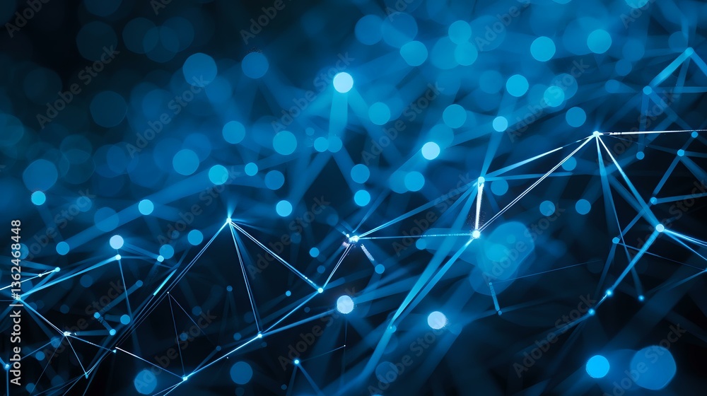 Poster glowing blue network connections with geometric lines and dots creating futuristic digital pattern o