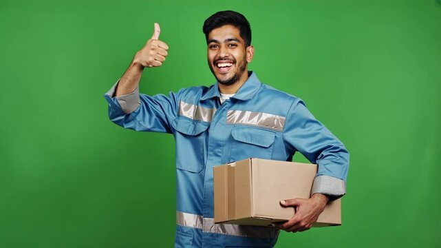 A cheerful Latino delivery worker in blue uniform holds a cardboard box and gives a thumbs up in front of a green chroma screen. Concept of logistics satisfaction, shipping approval, and delivery bran