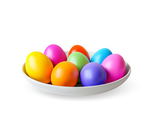3d colorful easter eggs in plate isolated on white. Render easter holiday egg icon. Easter holiday decor element. Vector illustration