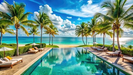 Fototapeta premium A serene oasis with a sparkling pool, lush palm trees, and the azure ocean beyond