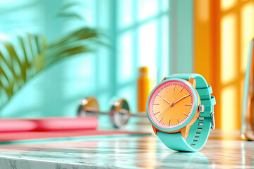 Colorful watch with orange dial and aqua strap on vibrant background