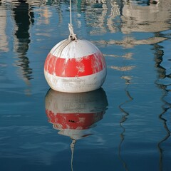 Floating buoy in calm water, red and white stripes