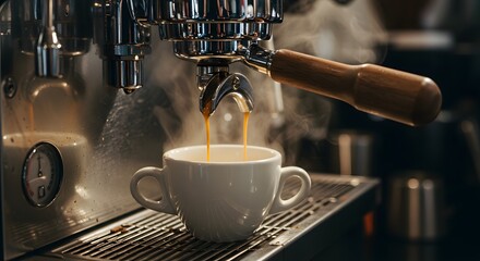 Pouring fresh espresso into a white cup from professional machine