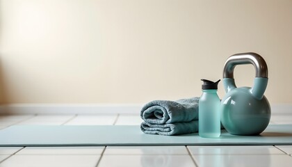 Teal Yoga Mat with Workout Gear against Yellow Wall