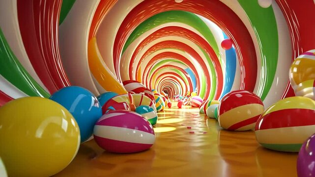 Vibrant candy land tunnel swirling with colorful striped walls and scattered sweets