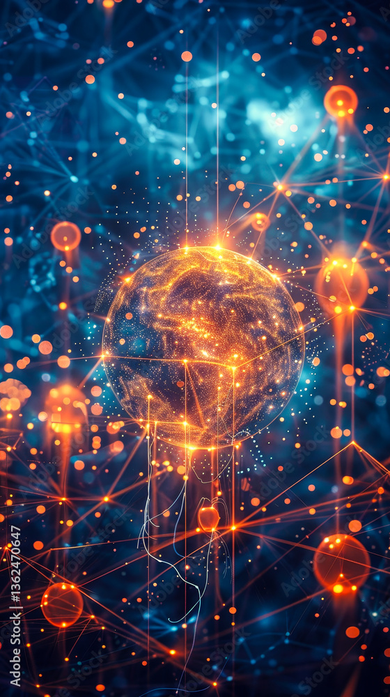 Poster digital connectivity sphere in a networked universe at night with glowing energy points and intercon