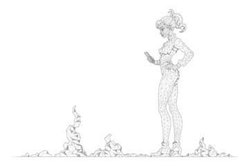 A girl stands with a smartphone. A young woman looks at the phone screen.