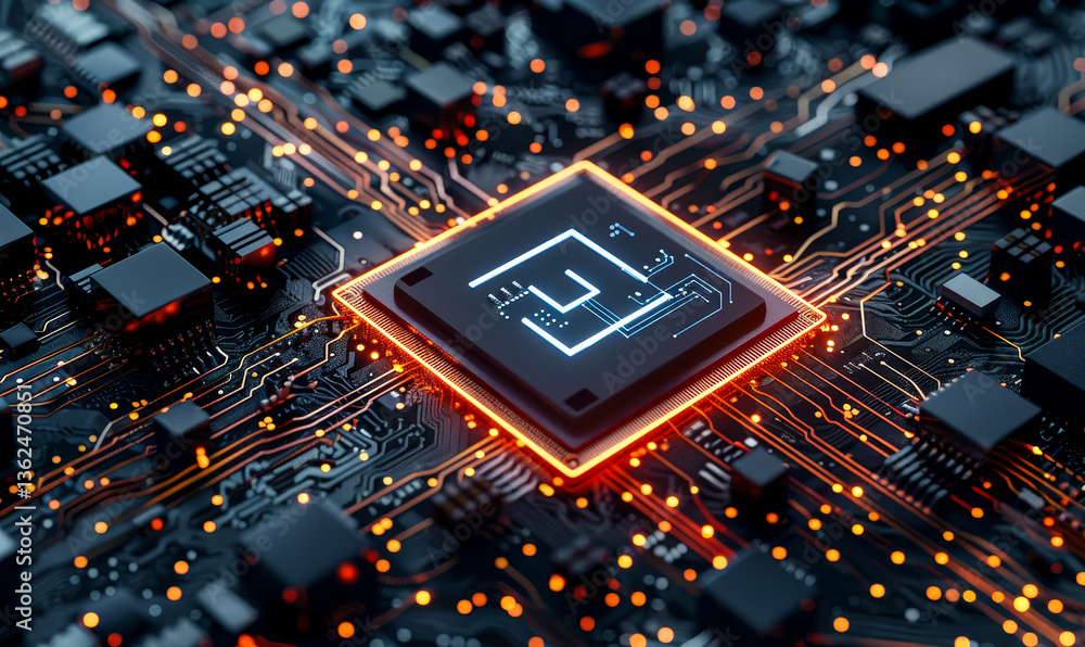Poster futuristic information technology concept: 3d rendered info symbol on microchip with data flow on ad
