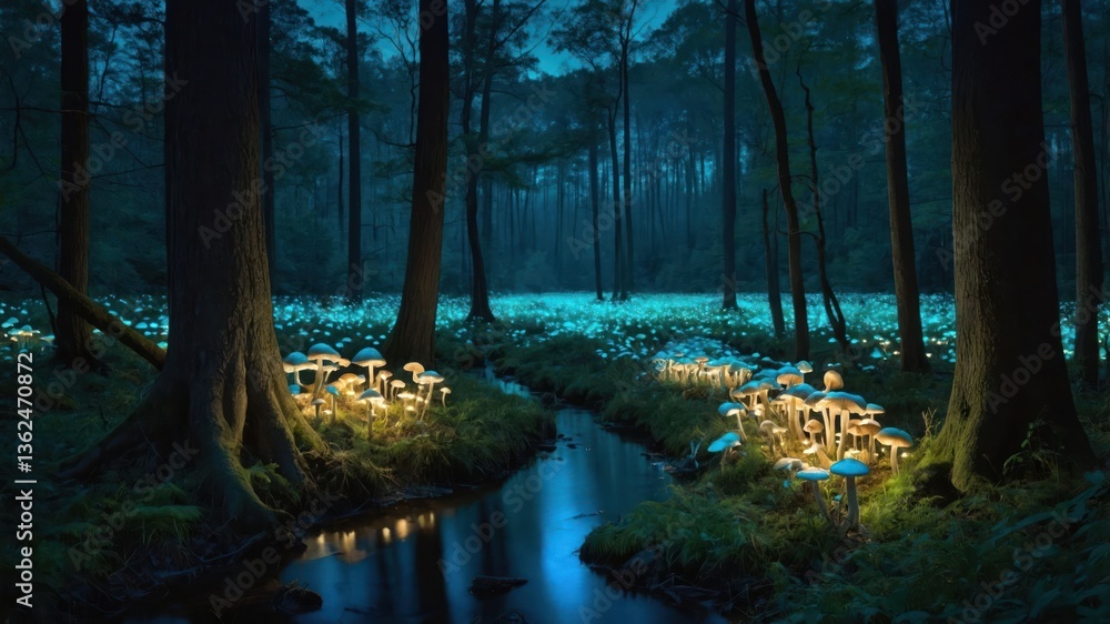 Poster enchanted forest scene with glowing mushrooms and a serene stream under twilight.
