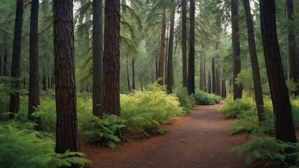 Fototapeta premium A serene forest path surrounded by tall trees and lush ferns.