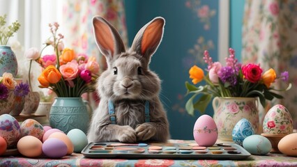 Adorable Bunny Decorating Easter Eggs