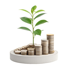 Tree and plant growing from a pile of coins symbolizing growth and investment