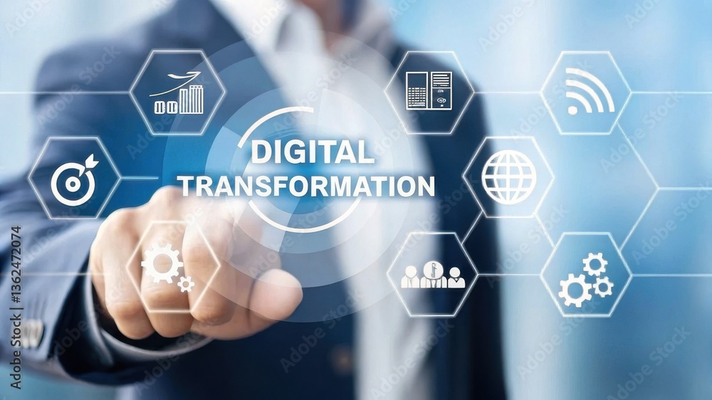 Poster a person touches a digital interface displaying icons related to digital transformation, emphasizing