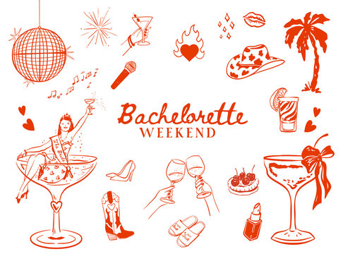 Set of hand drawn Bachelorette Weekend doodle icons, Coastal Cowgirl Hen Party illustrations, Whimsical Bachelorette icon collection for T-shirts, invitations and web icons