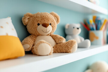 Cute teddy bear on shelf in kids room with colorful decor