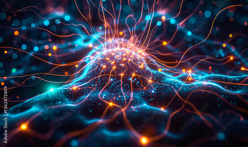 Poster futuristic neural network with glowing bioluminescence representing direct brain-ai interface concep