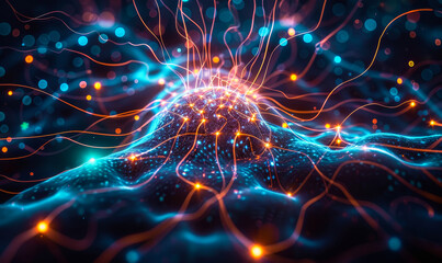 Futuristic Neural Network with Glowing Bioluminescence Representing Direct Brain-AI Interface Concept in a High-Tech Sci-Fi Setting, Illuminated Synapses and Neurons, Brainwave Connectivity at Night