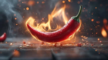 Plexiglas schilderij Hete pepers Red Hot Chili Pepper, Ablaze with Flames High Speed Photography on Dark, Textured Background.  © Ilja