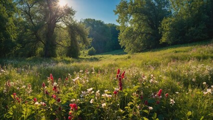 A serene meadow filled with vibrant wildflowers under a bright sun.