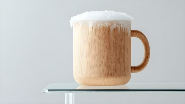 A wooden-style mug with frothy white foam resembling beer, sitting on a glass surface. Concept Rustic Wooden Mug, Frothy Beer Foam, Glass Surface Reflection, Beer Aesthetics, Cozy Drink Presentation
