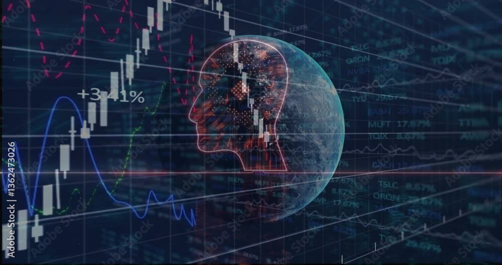 Poster digital brain and globe over financial graphs and data processing animation