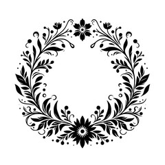 Elegant Black and White Floral Wreath Design with Leafy Branches, Delicate Blooms, and Serene Aesthetics, Perfect for Framing
