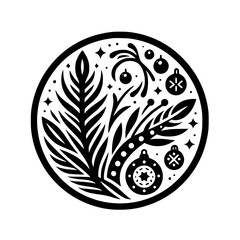 Intricate Black and White Christmas Ornament Design Featuring Festive Foliage and Baubles Within a Circular Frame, Minimalist Festive Artwork.