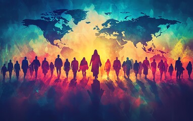 Faithful missionary journey of Jesus Christ, spreading Christian teachings worldwide, with scripture and a world map, hightech visual concept, vibrant and detailed design