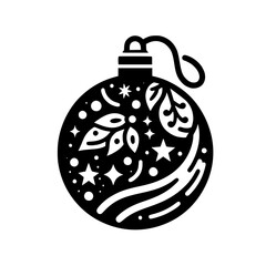 Black and White Christmas Ornament Silhouette: Festive Orb with Floral and Starry Cut-Outs, Isolated on White Background.