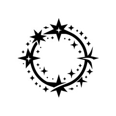 Black and White Circular Design Featuring a Ring of Stars, Dotted Details, and Star-Shaped Elements on a White Background.
