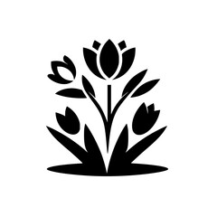 Stylized black and white floral illustration showcasing a central large flower, flanked by two smaller blossoms, and an additional bud, all emerging from a bed of leaves, presented on a pristine white