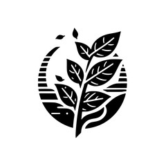 A minimalist black and white design featuring a stylized plant with leaves inside a circular frame, suggestive of growth.