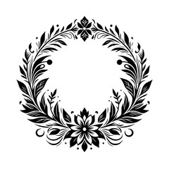 Elegant, symmetrical circular floral wreath illustration featuring stylized leaves, flowers and delicate detailing in contrasting black and white.