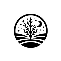 A minimalist night landscape design featuring a stylized tree reaching towards a crescent moon and stars inside a circular frame, in stark monochrome.