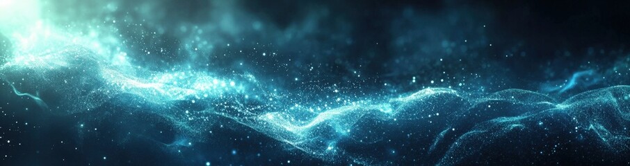 Abstract image of a celestial nebula, swirling with teal and blue hues, illuminated by a soft light source.