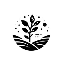 Black and white minimalist logo representing a growing plant within a stylized landscape, encircled by celestial elements.