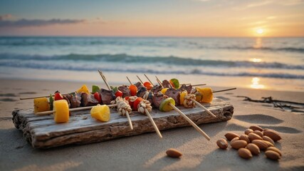Grilled skewers and almonds on a beach at sunset, evoking a relaxing dining experience.