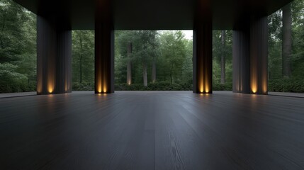 Fototapeta premium Tranquil modern outdoor space with dark columns and wooden floor, overlooking a lush green forest