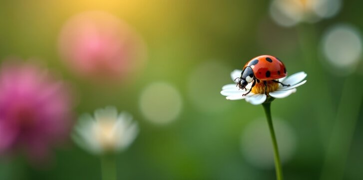 Red ladybug sitting on a small white flower in a garden, insect, animal