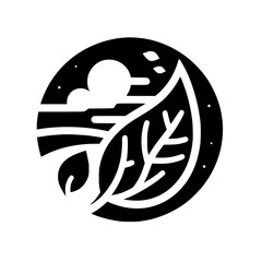 A circular, minimalist illustration of a leaf and landscape, showcasing nature's harmony, in a clean black and white design.