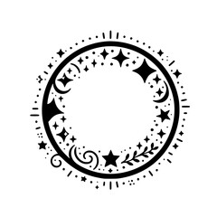 Celestial Black and White Circular Illustration, Featuring Stars, Crescent Moons, and Botanical Elements Within a Detailed Border, on a Plain White Backdrop.
