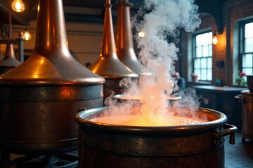 Steam rises from large copper kettle in brewery , copper, brewery